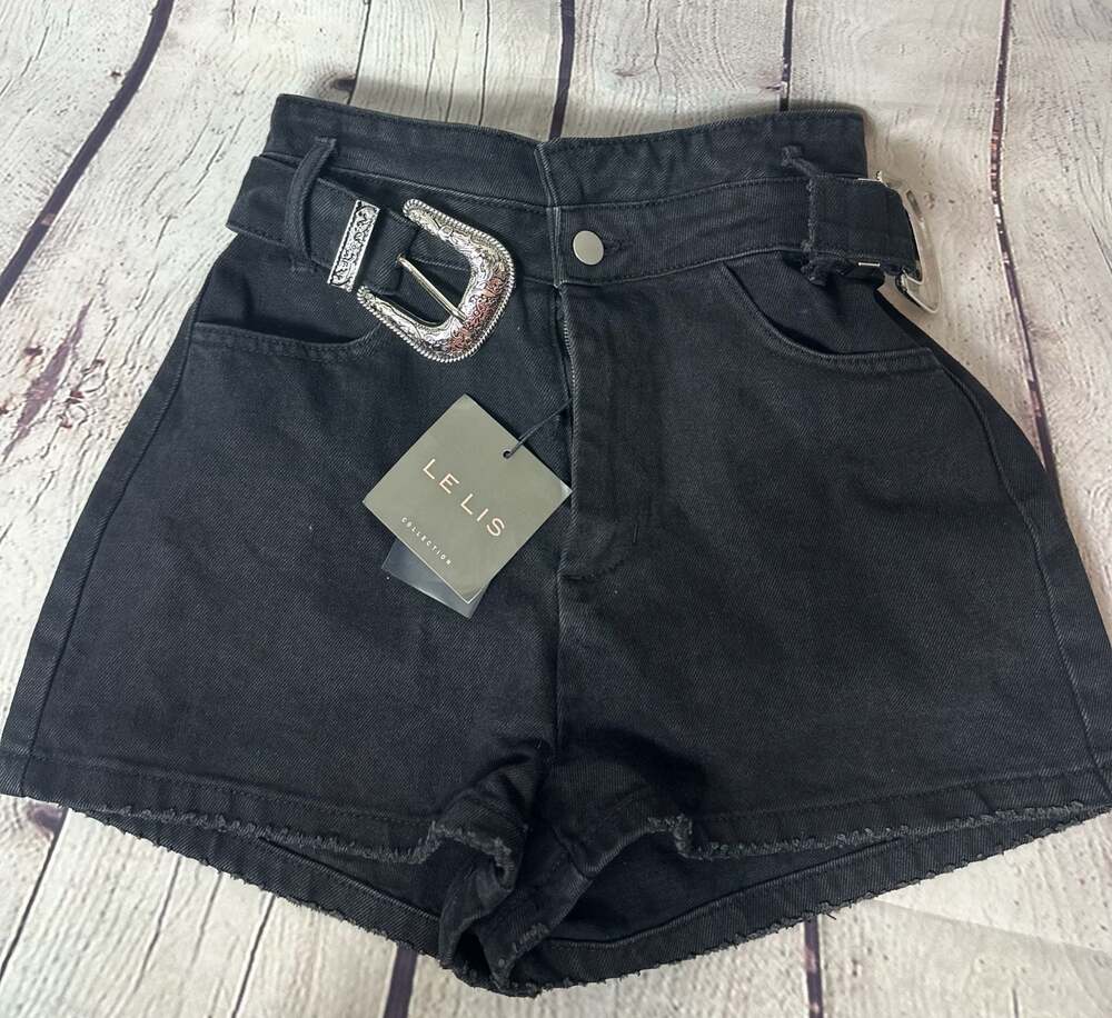 Le Lis Collection Black Denim Western Buckle Belted Shorts